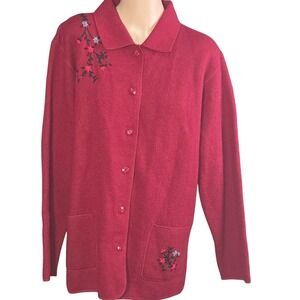 Stonebridge Cardigan Women Medium Red Wool Floral Embroidered Grannycore Vtg Y2K